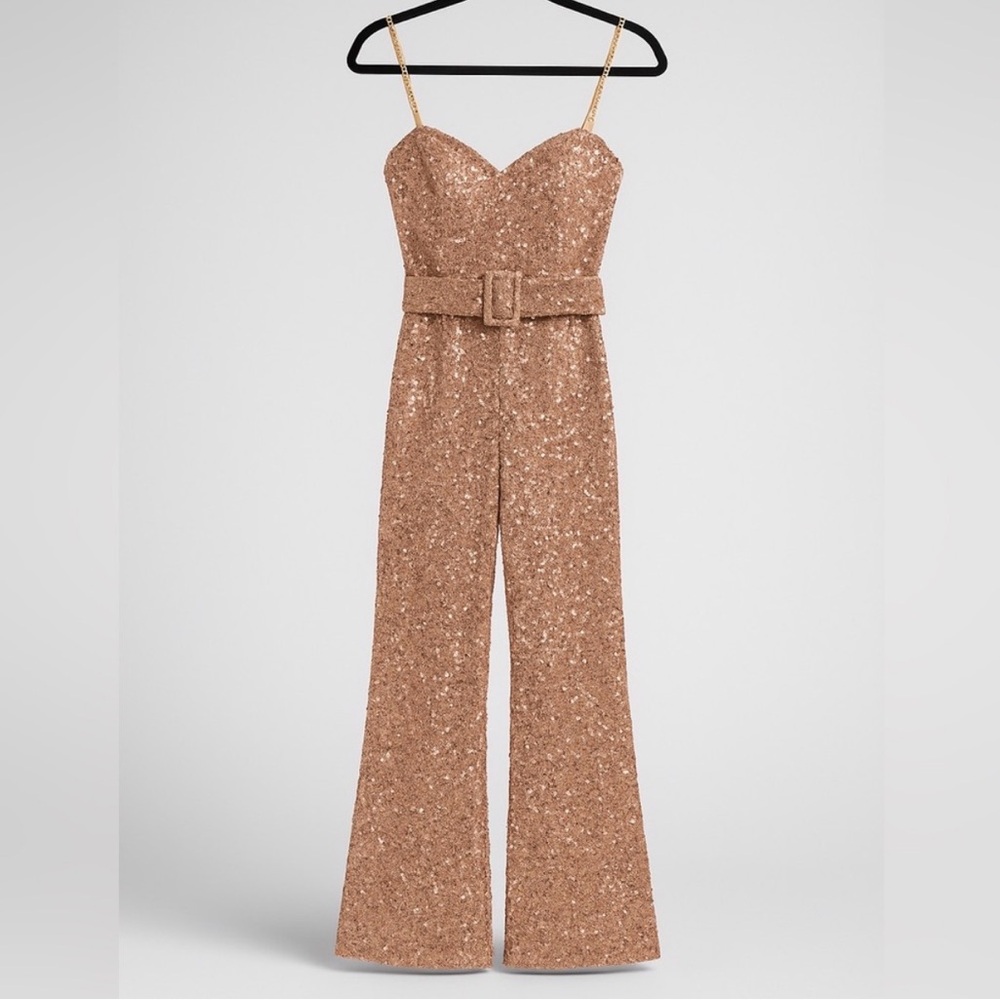 Rose Gold Sequin Belted Flare Leg Jumpsuit M Glam Disco Party NYE Holiday